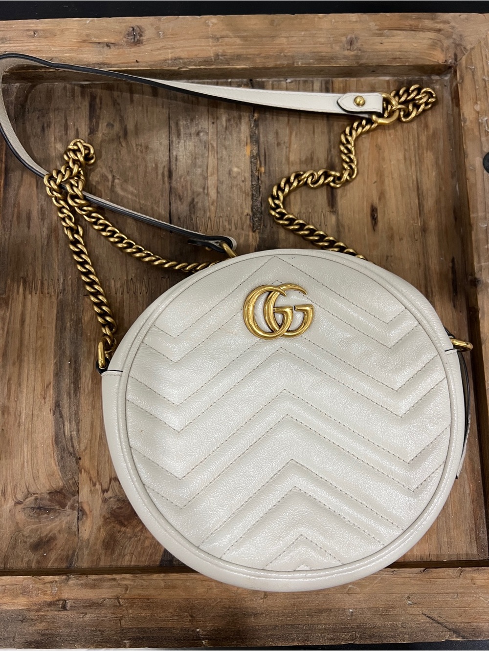 Gucci Cream Round GG Marmont Crossbody with Gold Hardware